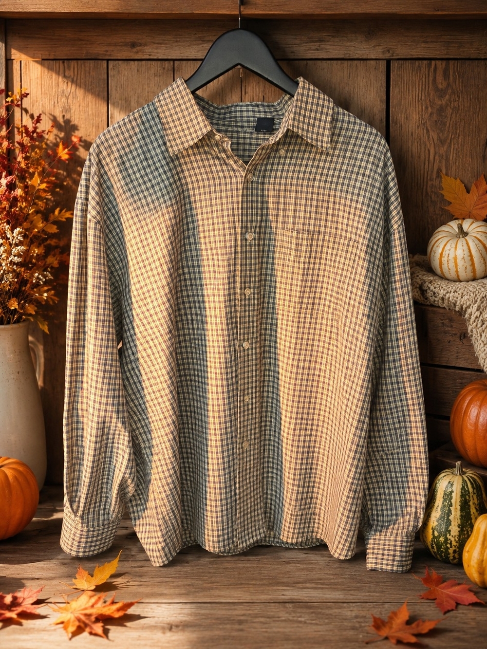 Van Heusen Beige and Green Plaid Button-Down Shirt